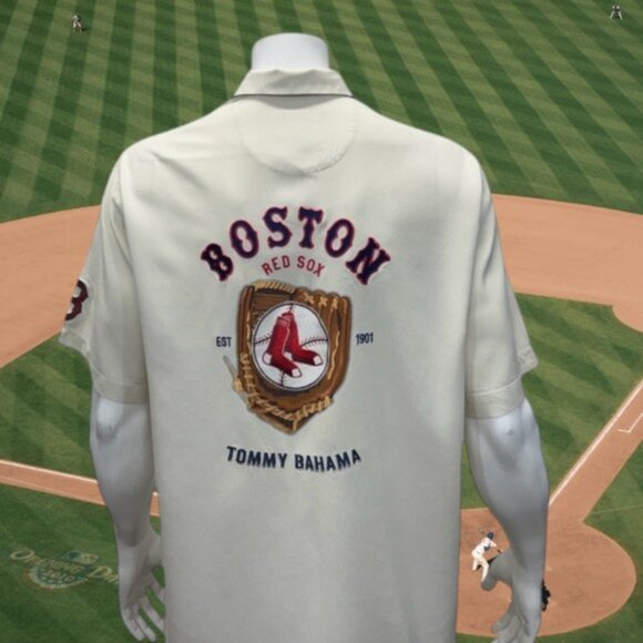 Tommy Bahama Baseball Boston Red Sox 100% Silk Double Embroidered Hawaiian Shirt - Picture 1 of 13